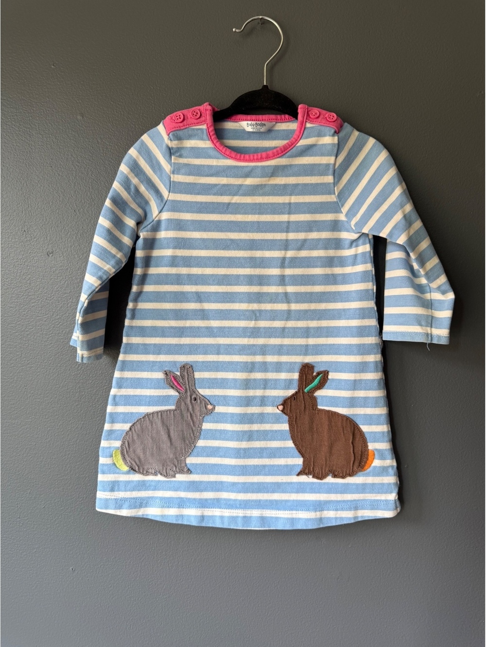 Baby Boden Blue and White Striped Dress with Bunny Appliques, 12-18 Months